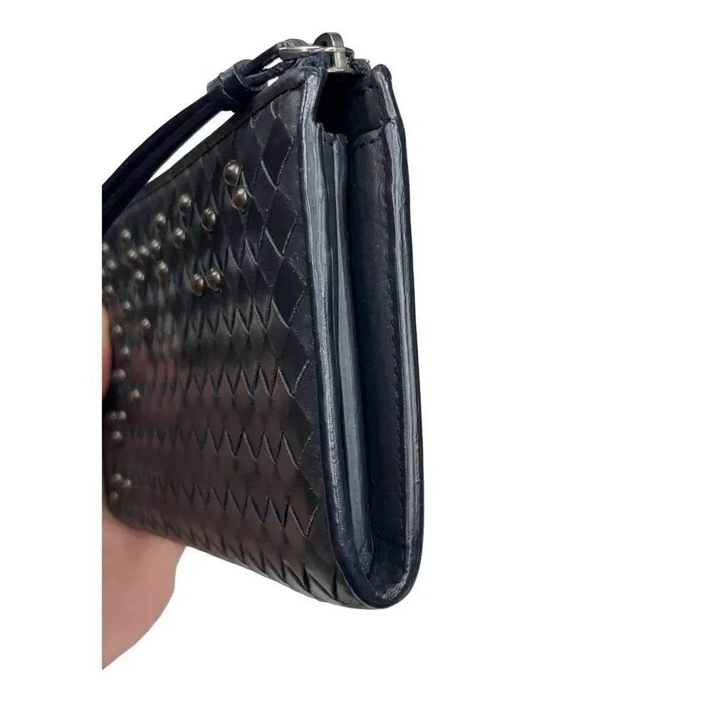 Bottega Veneta Intrecciato Studded Zip Around Wallet Wristlet Black Leather EUC